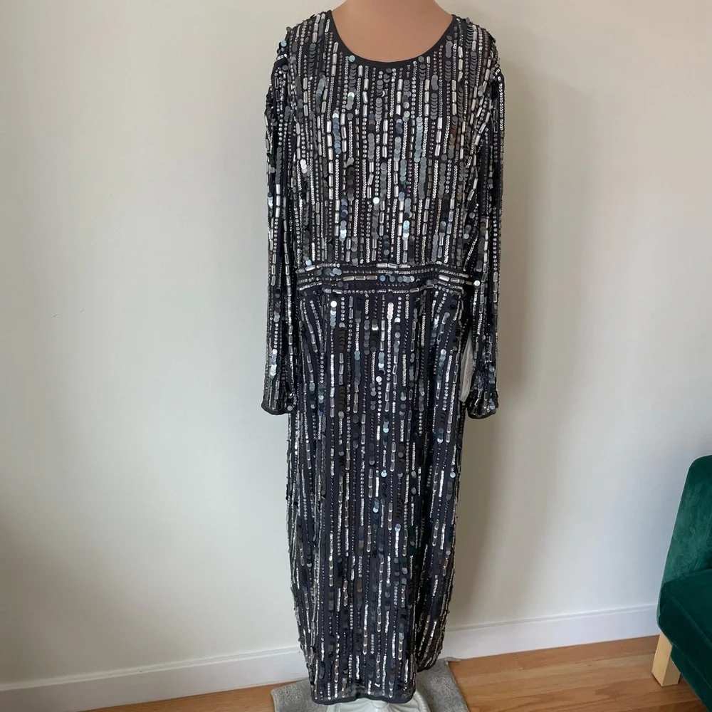 MAC DUGGAL Charcoal Gray Embellished High Neck Long Sleeve Fitted Dress NWT 16